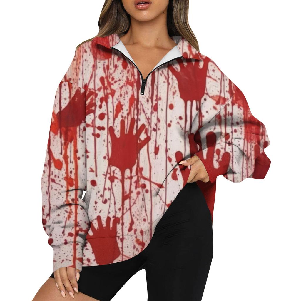 Women's Fashion Casual Long Sleeve Halloween Printed Zipper Turtleneck Drop Shoulder Sweatshirt Top