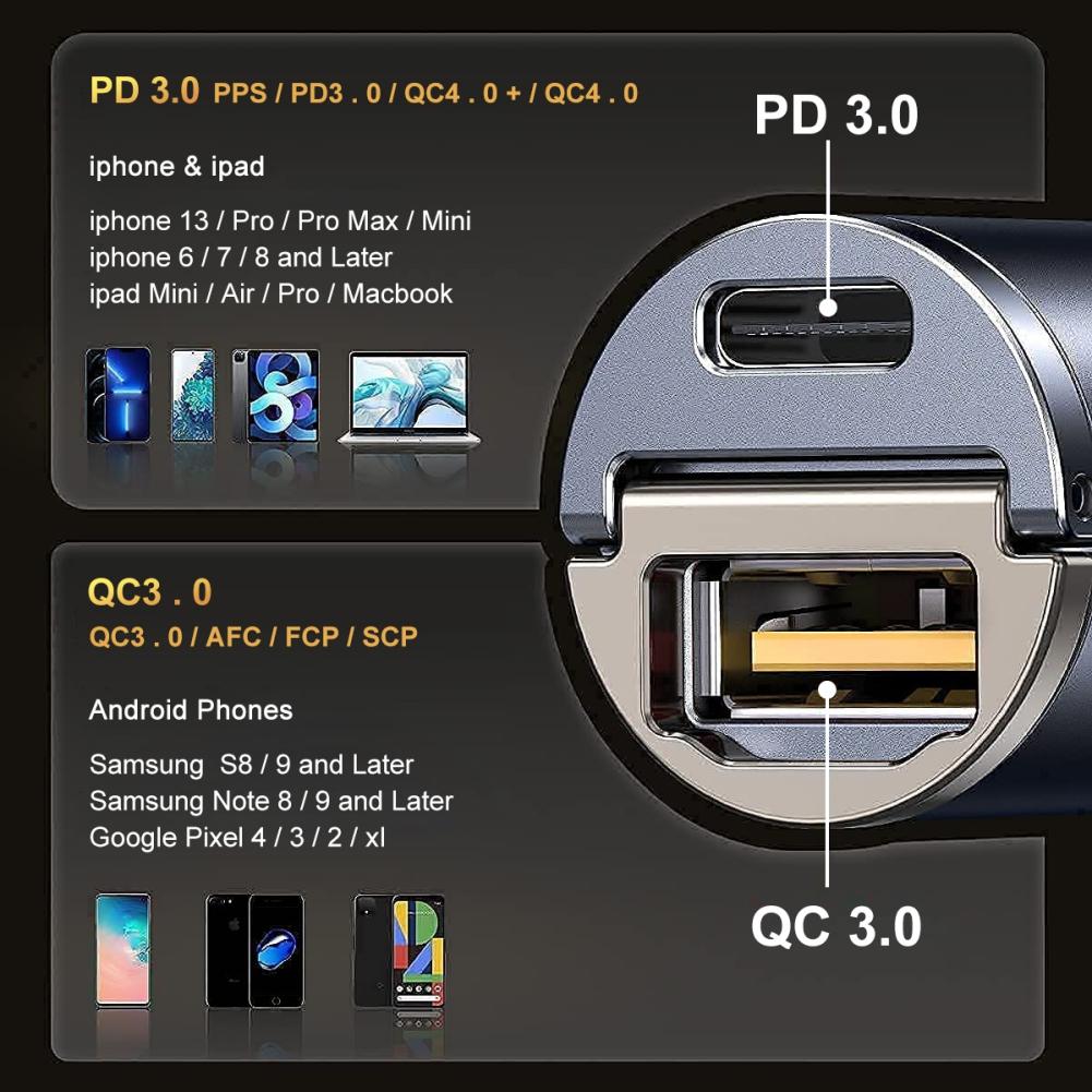 Автомобильное зарядное устройство USB C, сверхбыстрая зарядка 30 Вт PD/30 Вт QC, самая маленькая автомобильная зажигалка USB-зарядное устройство, совместимое с iPhone, Samsung и т. д.