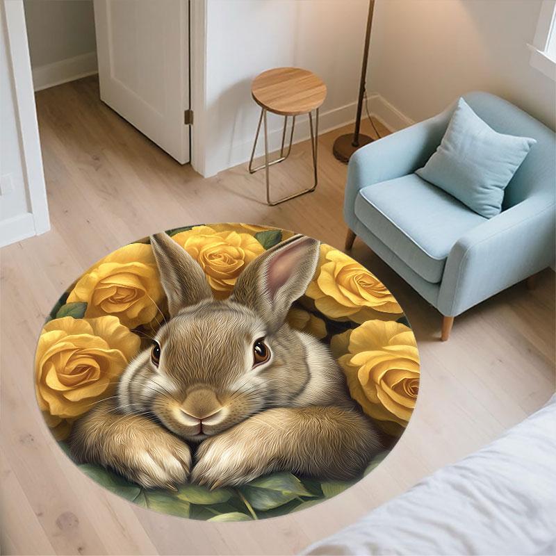 Rabbits & Fresh Flowers pattern round rug,Carpet Rug for Living Room Bedroom Playroom ,Non-slip Floor Mat,Holiday Gifts and Birthday Gifts.