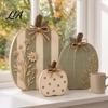 Rustic Harvest Festival Props 3Pcs Wildflower Pumpkin Figurines, Farmhouse Fall Tabletop Decor, Pumpkins with Wood Table Centerpieces Embossed Floral,
