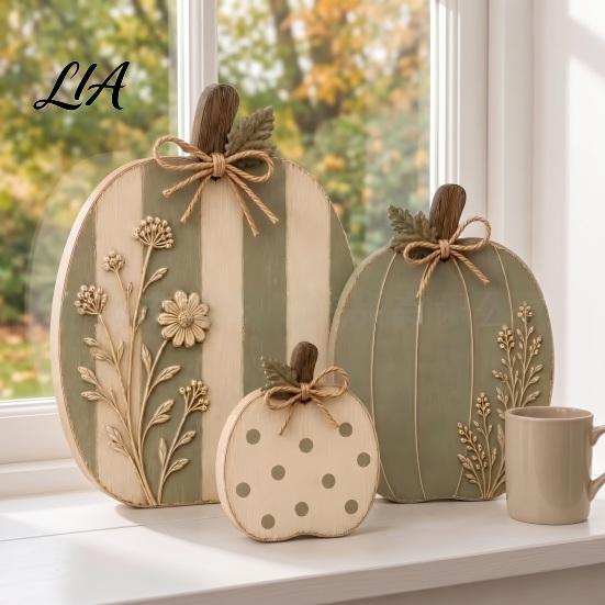 Rustic Harvest Festival Props 3Pcs Wildflower Pumpkin Figurines, Farmhouse Fall Tabletop Decor, Pumpkins with Wood Table Centerpieces Embossed Floral,
