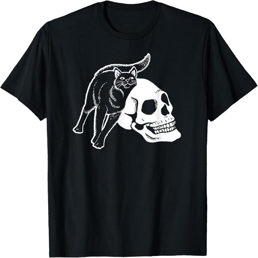 Black Cat And Human Skeleton Skull Punk Goth And Halloween T-Shirt