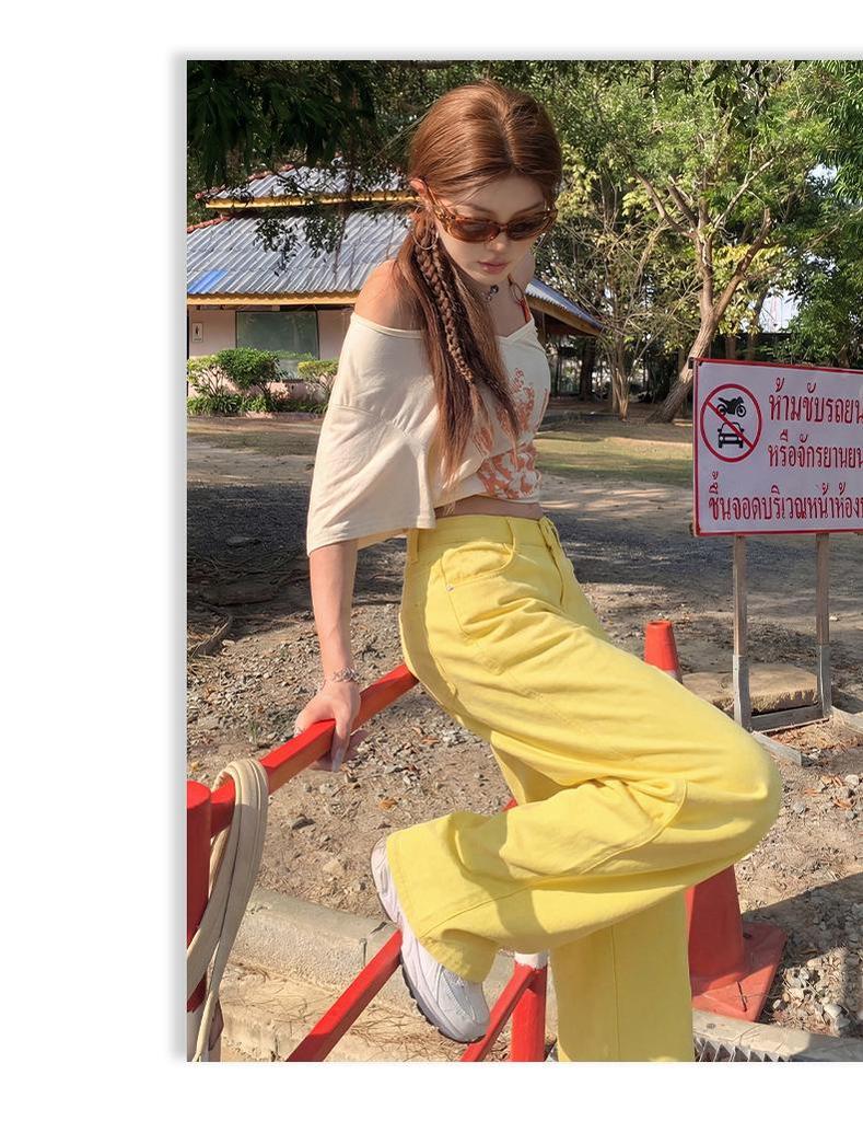 Женские широкие джинсы цвета Off-White: Модный, Омолаживающий Свободный Крой для Весенне-Летней Повседневной Одежды