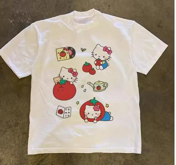 2026 HelloKitty Sanrio Printed Cotton TShirt Summer Cartoon Design Childrens Roundneck Fashion LooseFitting Casual Wear