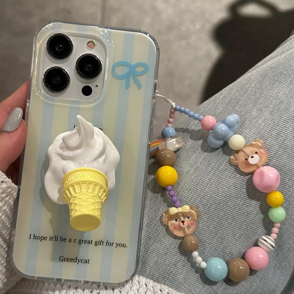 Kawaii Bear Colored Beaded Phone Charm Chain Keycord For iPhone Cute Clouds Camera Bag Jewelry Strap Gift Girl Hanging Cord Rope