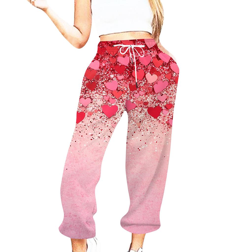 Женская повседневная мода День святого Валентина Повседневные брюки с принтом Спортивные брюки Брюки с эластичной резинкой на талии со шнурком Брюки со шнурком