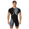 Men‘s Metallic Trim Color Block Swim Jumpsuit Short Sleeve Thigh Length Bodysuit with Back Hidden Zipper for Swimming Training