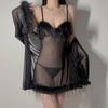 Soft Pajamas Women Sexy V Neck See-through Mesh Feather Ladies Suspender Nightgown Nightgown Uniform Set