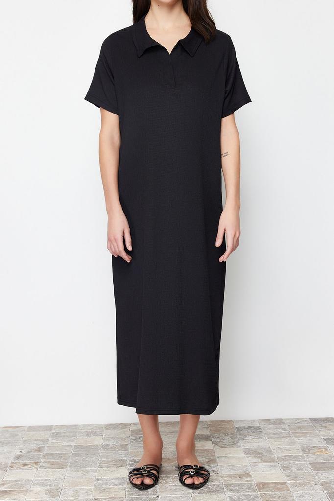 Women's Fashion Black Polo Neck Short Sleeve Midi Twist Textured Knitted Dress