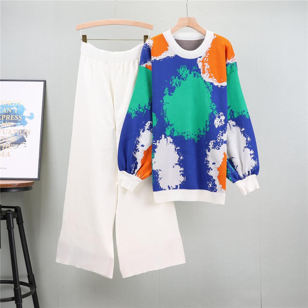 Autumn and Winter Women's Knitted Suit Simple Retro Fashion Long-sleeved Sweater Wide-legged Pants Loose Casual Two-piece Set