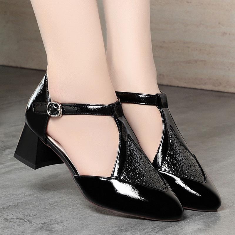 Модные летние сандалии баотоу для женщин, 5 см, острый носок, плетеные, полые, с неглубоким вырезом, Т-образная застежка, толстый каблук, повседневные туфли-лодочки, модные