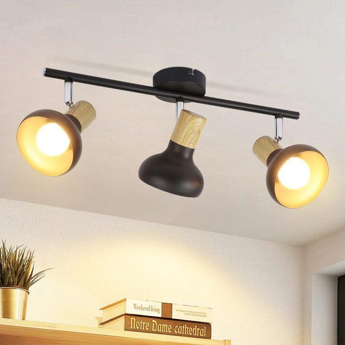 Plafonnier rétro NETTLIFE - 3 spots E14 orientables, design en bois et métal noir, idéal pour le salon, le couloir et la chambre