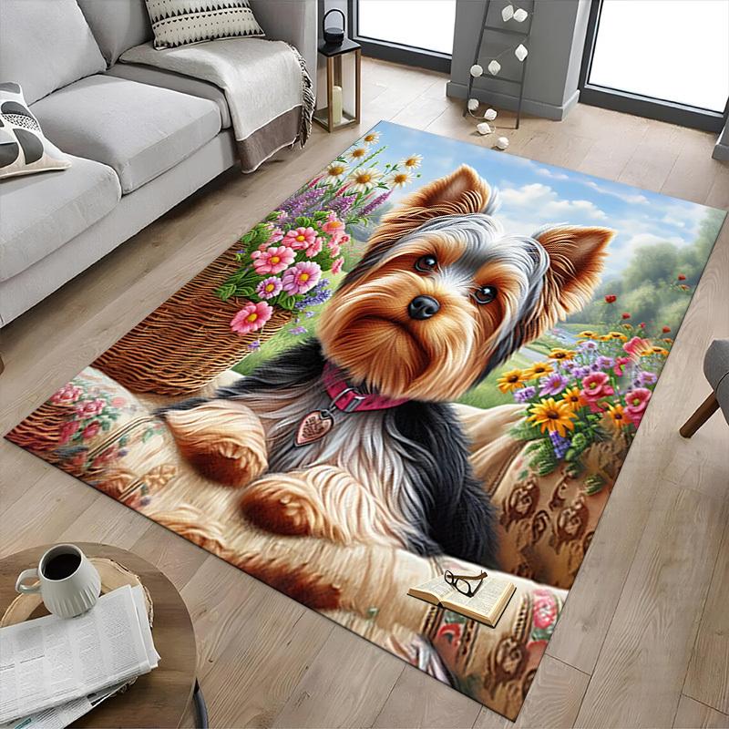 1PC Flower Basket Yorkie Extra Large Non Slip Floor carpet, Office, family, bedroom Large Area Rug Indoor Rugs, Vibrant Colors