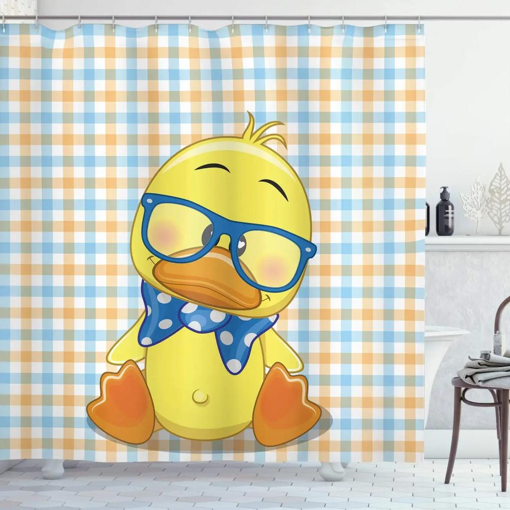 Duck Shower Curtain Cartoon Character Taking A Bath Colorful Drops Backdrop Dots,Cloth Fabric Bathroom Curtains with Hooks