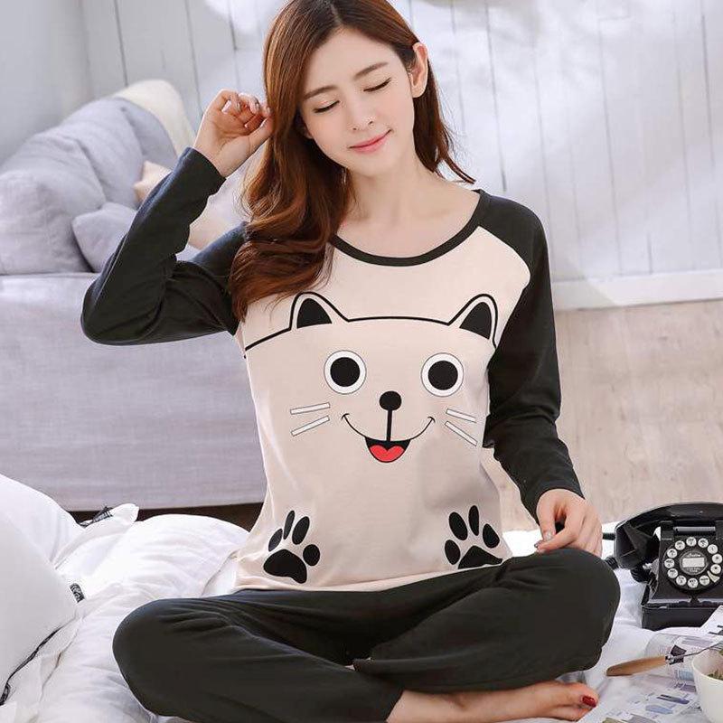 Женский мультяшный пижамный комплект - Рубашка с длинным рукавом и брюки, Домашняя одежда для маленьких студенток на весну и осень