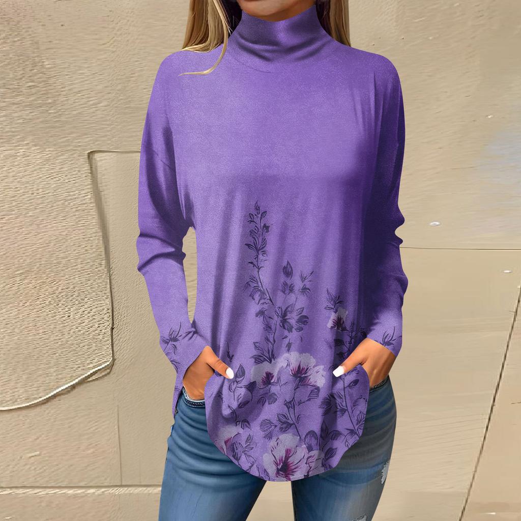 Футболки для женщин, осенние повседневные рубашки с длинными рукавами, толстовка с винтажным принтом, топ с высоким воротом, пуловер