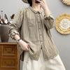 Double Layer Cotton Yarn Vertical Stripe Long Sleeve Shirt for Women Spring Autumn Outfit New Artistic Casual Versatile Lapel Blouse Top