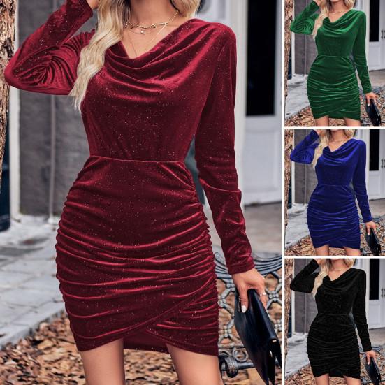 Женское мини-платье с V-образным вырезом, облегающее, с плиссировкой, с длинными рукавами, с неровным подолом, однотонное, эластичное, короткое платье для клубной вечеринки на осень-весну