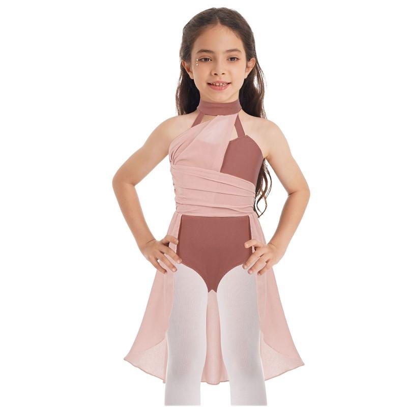 Детское гимнастическое танцевальное платье без рукавов для девочек, шифоновый лиф с рюшами, купальник, танцевальная одежда, костюм