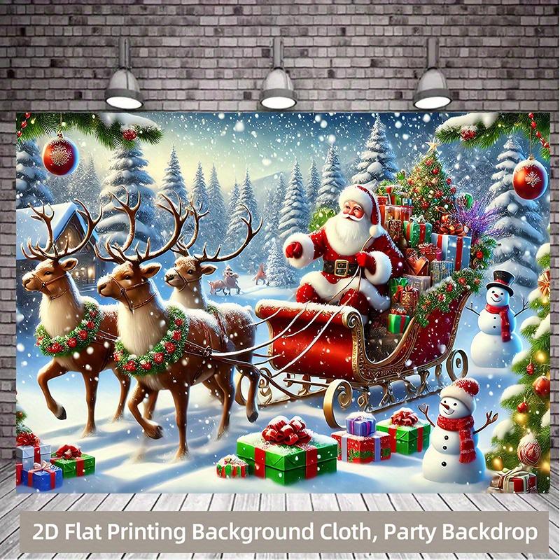 2D flat 1pc Santa Claus driving a reindeer sleigh with a snowy forest scene - a vibrant polyester background Christmas party