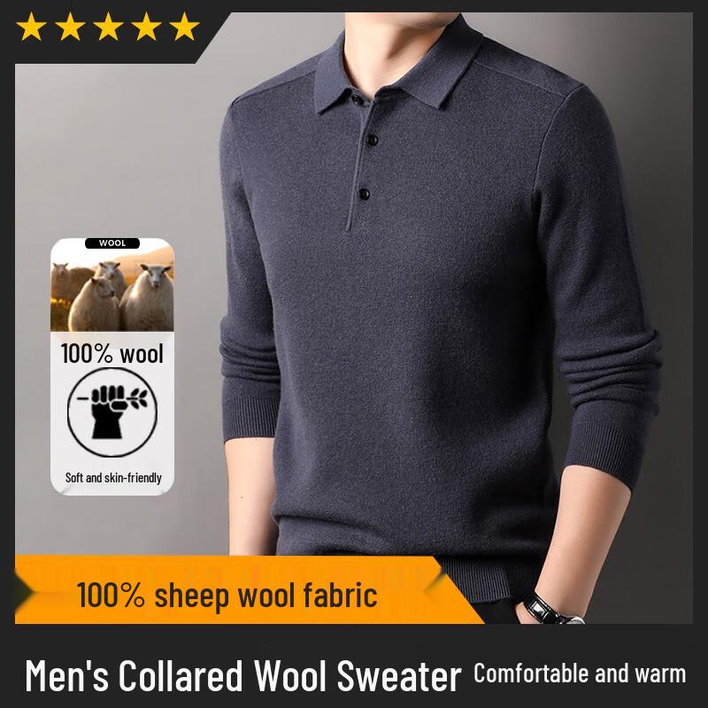 Hengyuanxiang Men's 100% Pure Wool Polo Collar Sweater