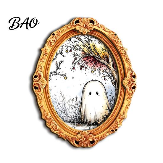 Decorative Metal Cabinet Magnets Halloween Wooden Frame Refrigerator Magnet, Retro Oval Fridge Magnet Pumpkin Ghost Magnetic Decoration for