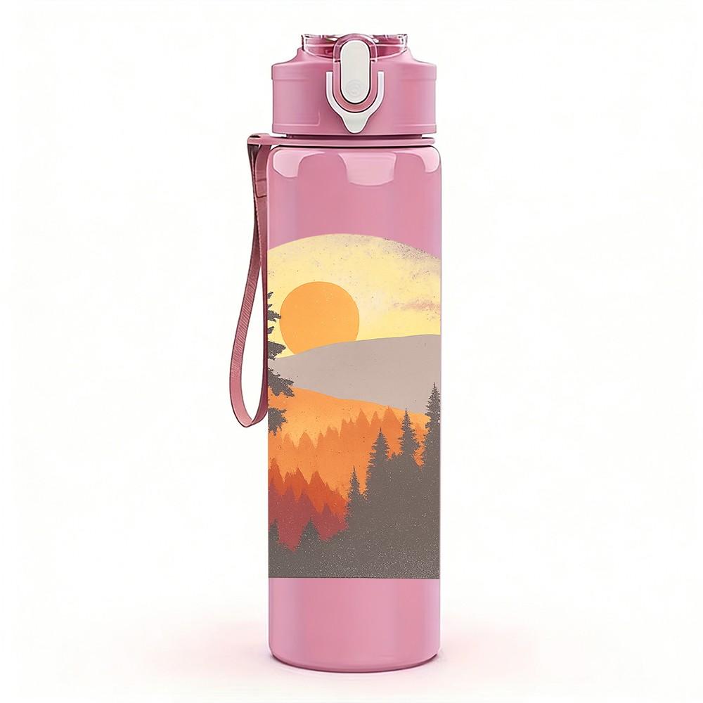 1PC Mountain Sunset Landscape Print 750ml Color Plastic Sports Water Bottle Leakproof Flip Straw Lid Suitable for Sports Office Home Use