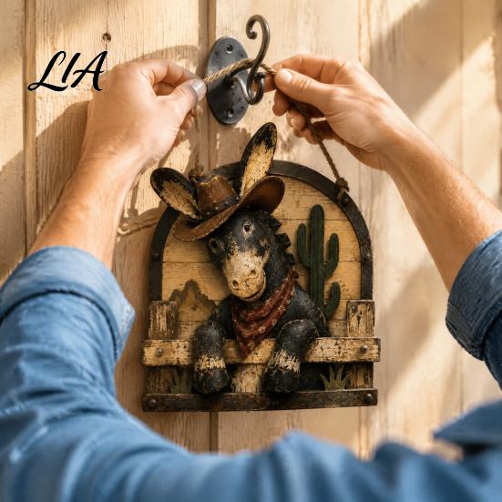 Decorative Wall Sign Western Cowboy Donkey Wooden Hanging Sign, Rustic Farmhouse Decor with Interior Accessories Rope, Country Style Animal