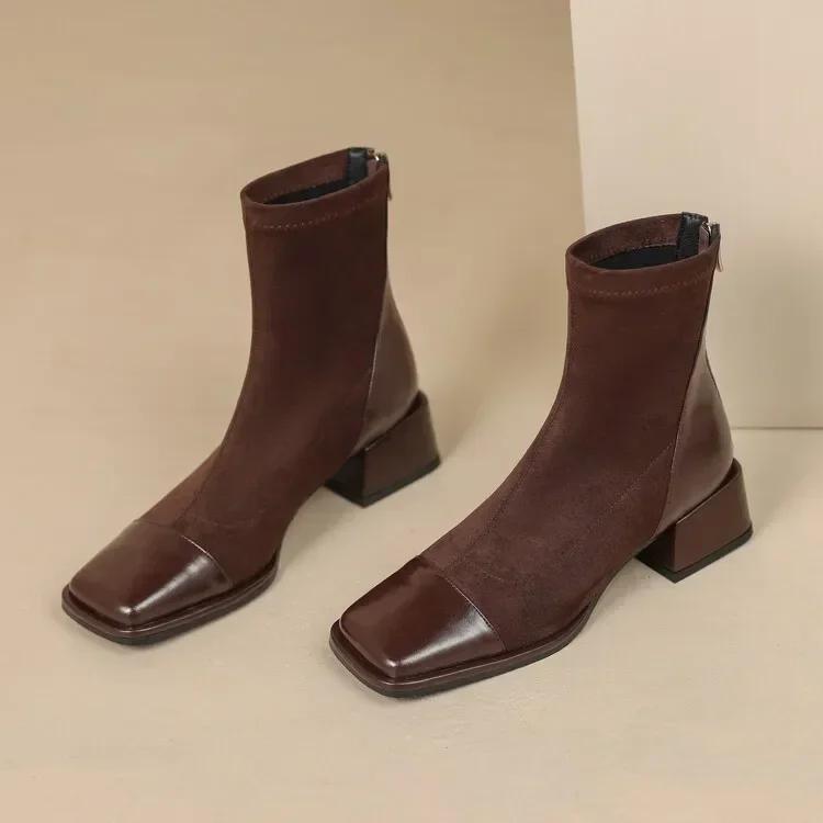 Модные женские туфли с квадратным носком и толстым каблуком, короткие сапоги, новые осенне-зимние лаконичные эластичные узкие туфли на высоком каблуке Zapatos De Mujer