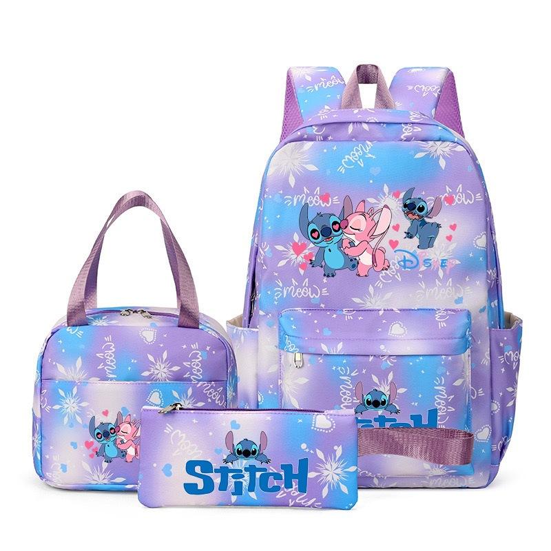 Stitch 3-Piece Backpack Set Cartoon Print School Bag for Boys Girls Outdoor Travel Large Capacity Lightweight Bookbag Disney Collection