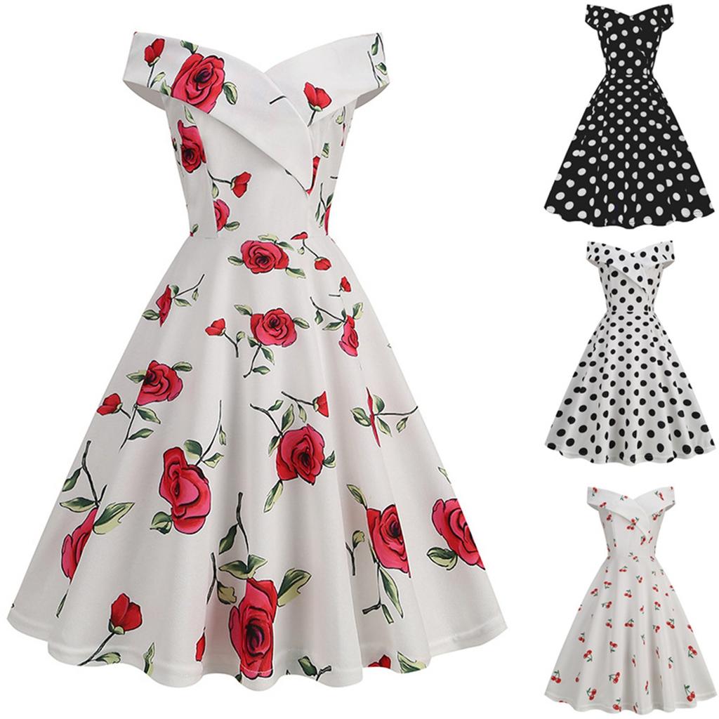 (Куниде) Женская мода однолинейное сексуальное платье с принтом в горошек и плечами