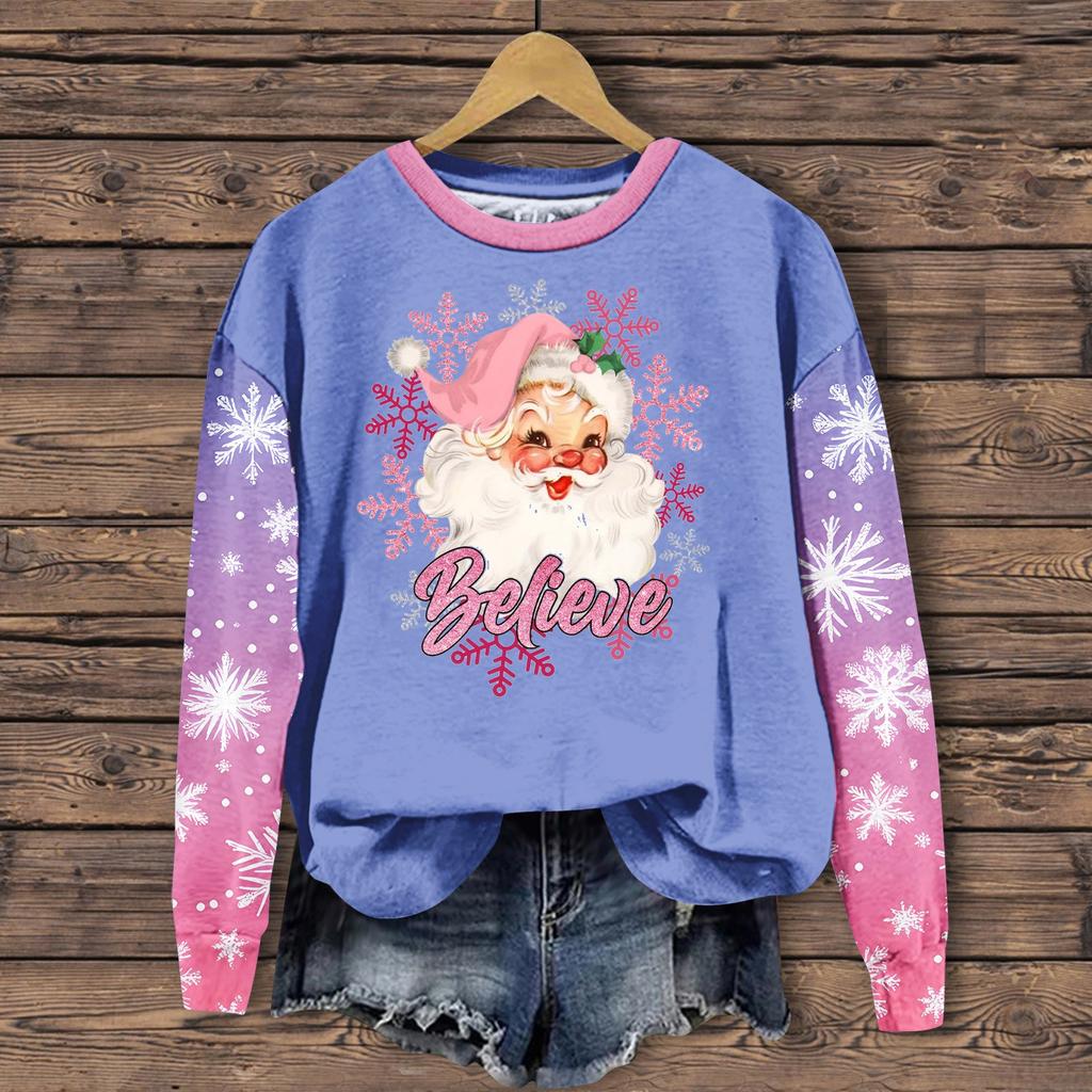 Женская мода повседневная толстовка с длинным рукавом и принтом Санта-Клауса с круглым вырезом