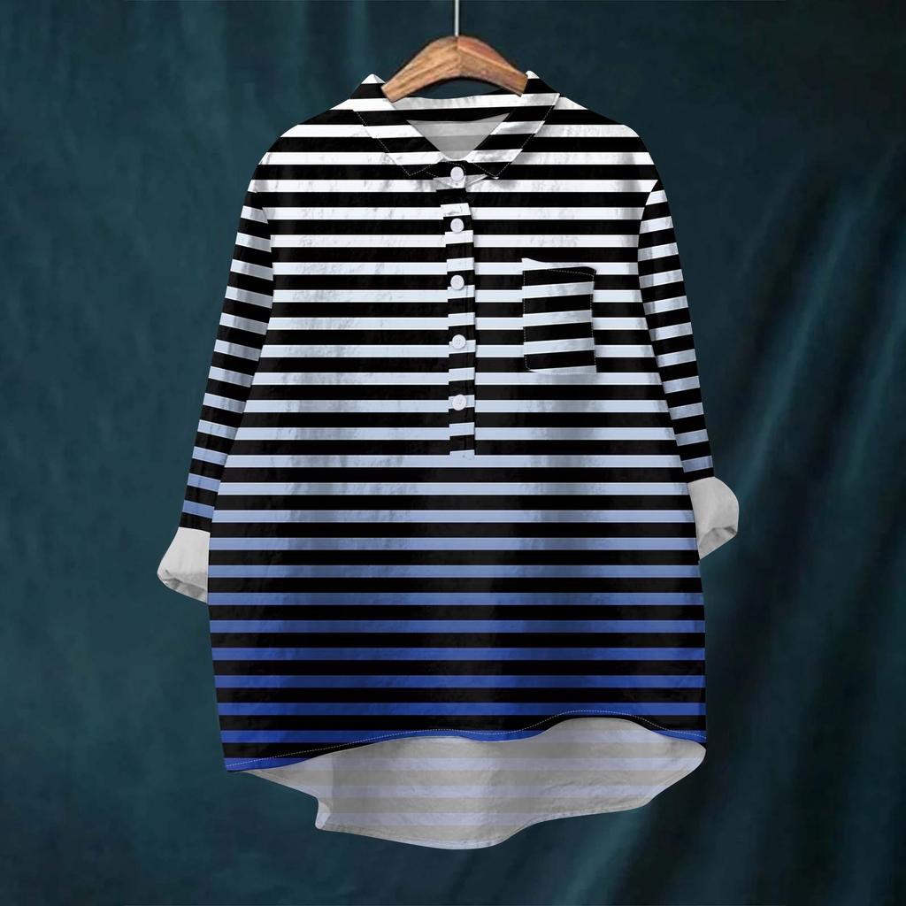 Women's Shirt Blouse Long-sleeved With Buttons Print Casual Hem Irregular Shirt Collar Top