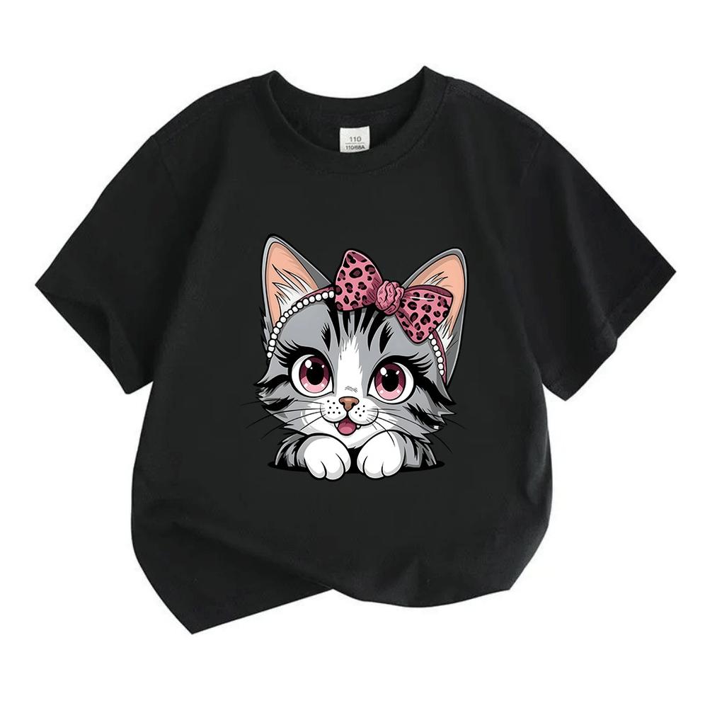 Kids Boys Girls 100% Cotton Short Sleeve Crew Neck T-Shirt, Cute Pink Bow Leopard Print Gray Tabby Cat Graphic Casual Soft Tee for Children Daily Wear
