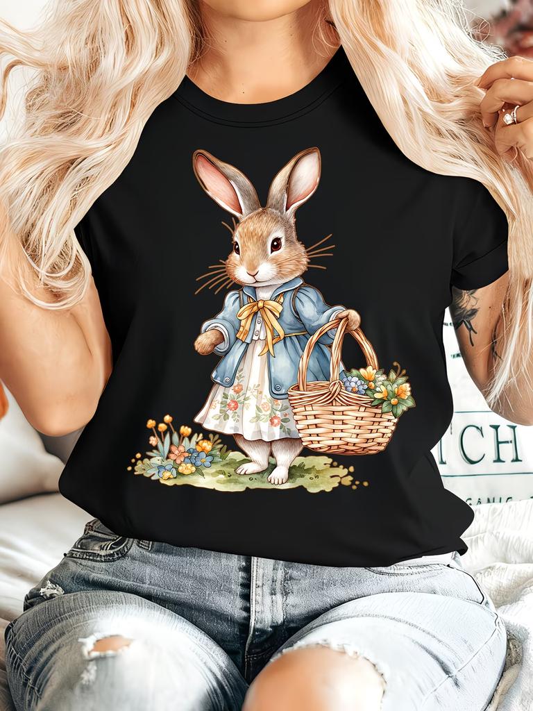 Easter Gift Womens Summer Apparel Jacquard Basket Lady Rabbit Print Round Neck Short Sleeve TShirt Comfortable Soft