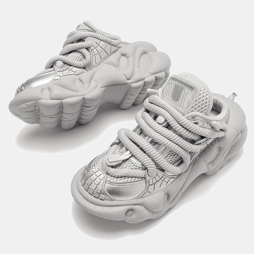 Fashion Super Soft Thick Sole Women/men Sport Shoes Lace Up Breathable Mesh Sneaker Casual Slippers Black/silver Platform Shoes