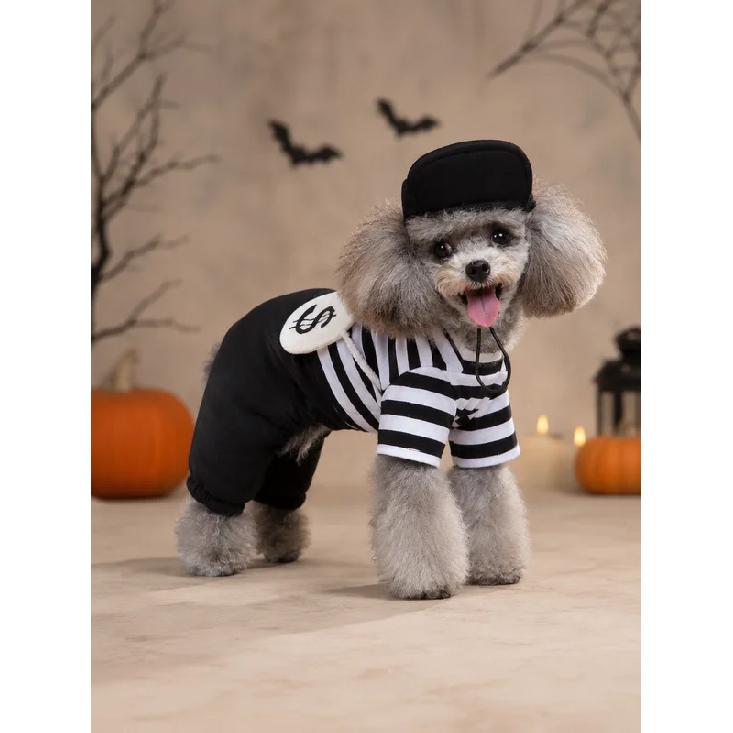 Lightweight Breathable Pet Burglar‑Style Cosplay Costume Set, For Small Medium Breed Dog Cat, Soft Striped Knit Jumpsuit Outfit With Matching Cap