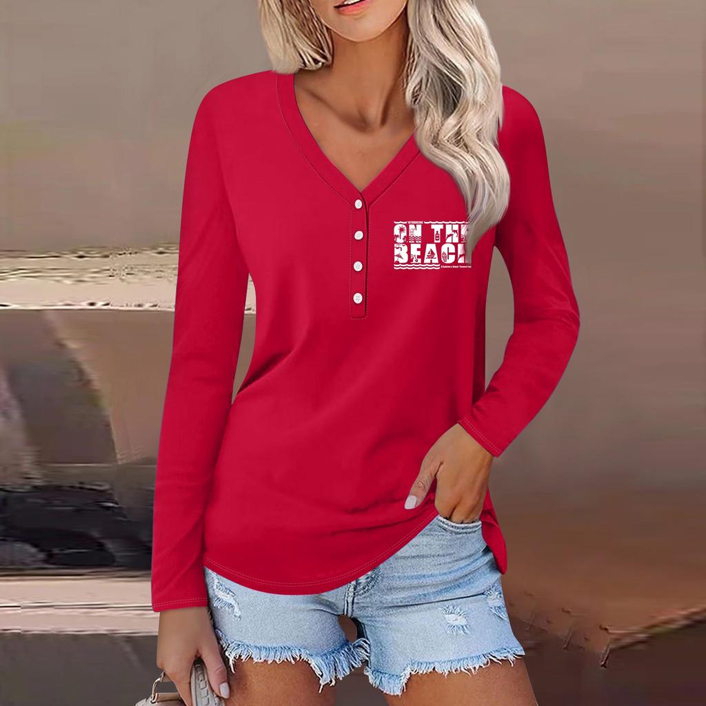 Женская повседневная мода сексуальный удобный пляжный стиль повседневный принт V-образный вырез пуговицы длинный рукав