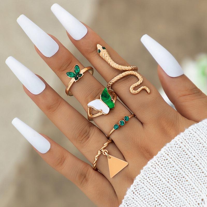Set Of 5 Golden Rings Retro Punk Vintage Snake Butterfly Green