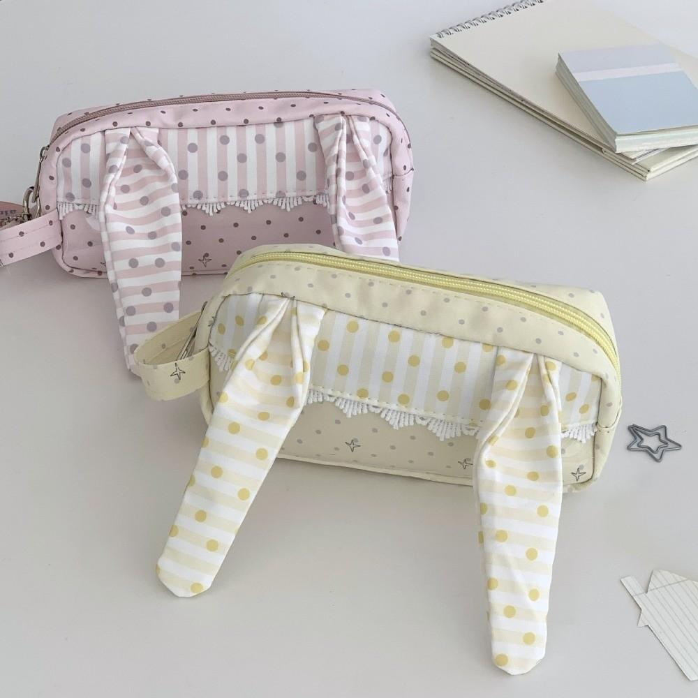 Lace Trim Bunny Ear Dots Pencil Case Rabbit Big Ear Cloth Stationery Bag  School