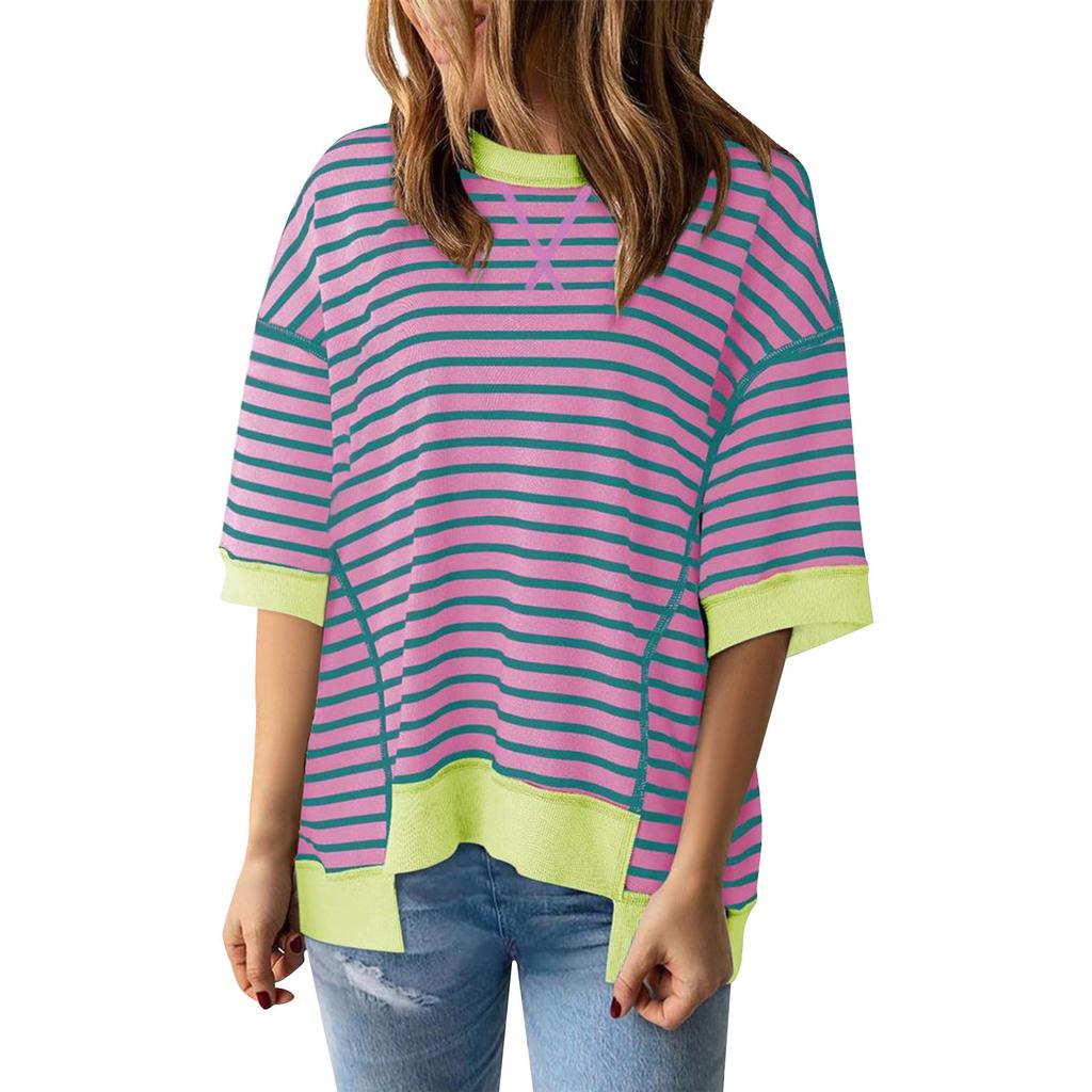 Женский полосатый цветной дизайн с заниженными плечами, пуловер с короткими рукавами, женский топ