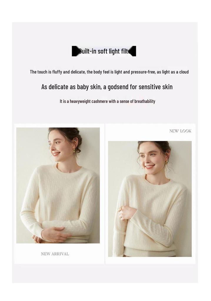 Women's Light Luxury Cashmere Sweater - Autumn/Winter Cable Knit, Round Neck, Slimming Fit, Long Sleeve.