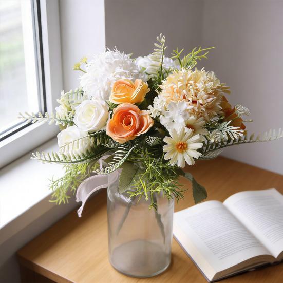 Artificial Flowers High Simulation Silk Petals Real Touch Adjustable Iron Wire Stems Mixed Roses Hydrangeas Daisies Maintenance-Free Home Decor Gifts