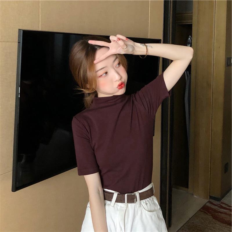 2027 Реальный Выстрел: Женская облегающая футболка с коротким рукавом и полуводолазкой (95% хлопок, 5% спандекс)