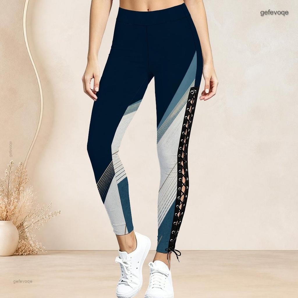 Women Plus Size High Waist Geometric Printed Side Eyelet Lace Up Full Length Fitted Leggings