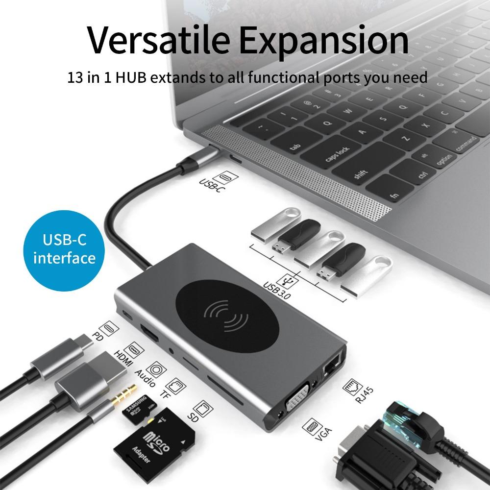 Док-станция 13 в 1 Type C с беспроводной зарядкой 4K USB-концентратором, многофункциональным расширителем для ноутбука, ПК, MacBook