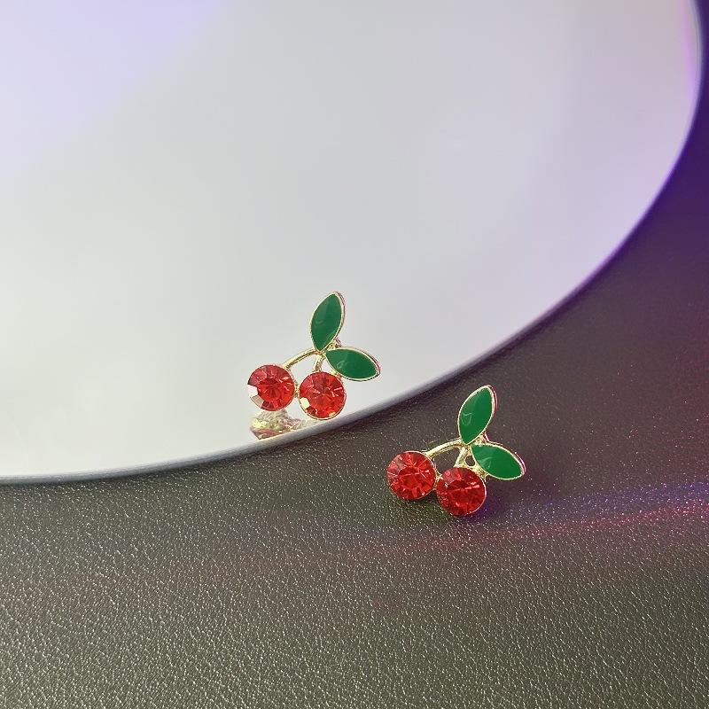 Rhinestones Red Cherry Stud Earrings Women Little Fresh Lovely Sweet Fruit Earring Temperament Advanced Party Jewelry Gifts K