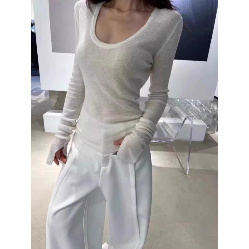Grey Collar Leaking Collarbone Top Women's Spring Niche Horn Sleeve Inner Knitted Sweater Slim Primer Sweater