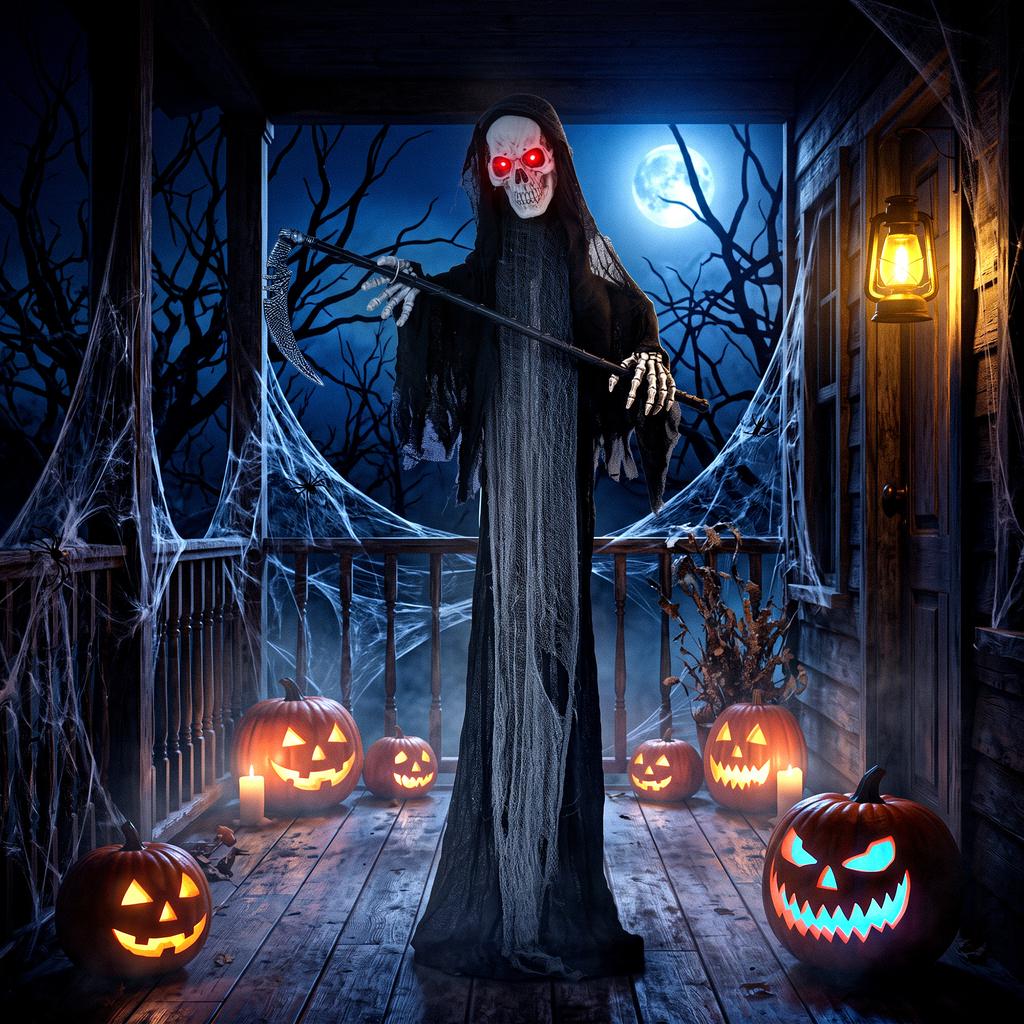 183cm Life Size Animated Grim Reaper Halloween Decoration Scary Halloween Animatronics Decor With Sound Touch Activated