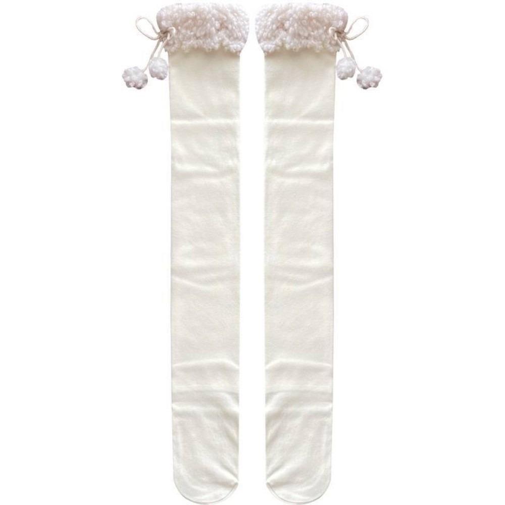 1 Pair Wool Ball Knee High Socks Vertical Stripe Plush Stockings Cute Over Knee Socks Women Girl